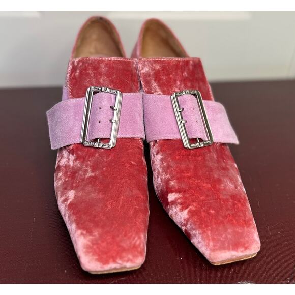 John Fluevog Pink Velvet Superfine Bishop Buckled Loafer Heels Size 8.5 - Picture 6 of 8